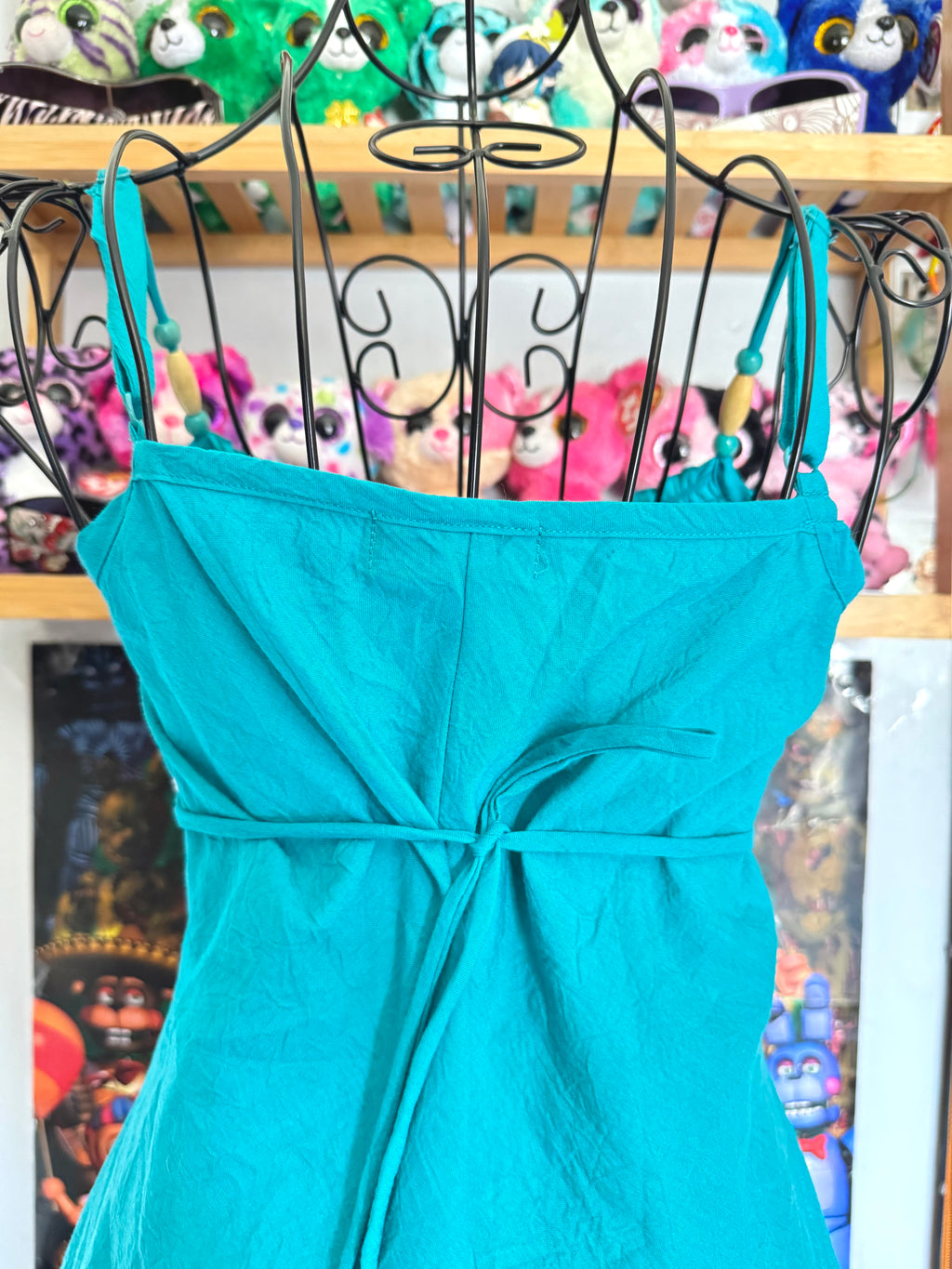 y2k vintage teal blue tie back fitted cami top with expansive floral embroidery