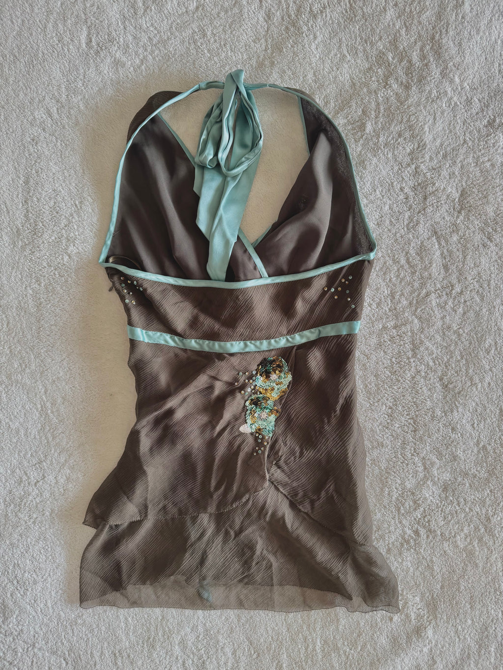 y2k vintage brown, turquoise silk asymmetric layered fairy halter cami top with sequins