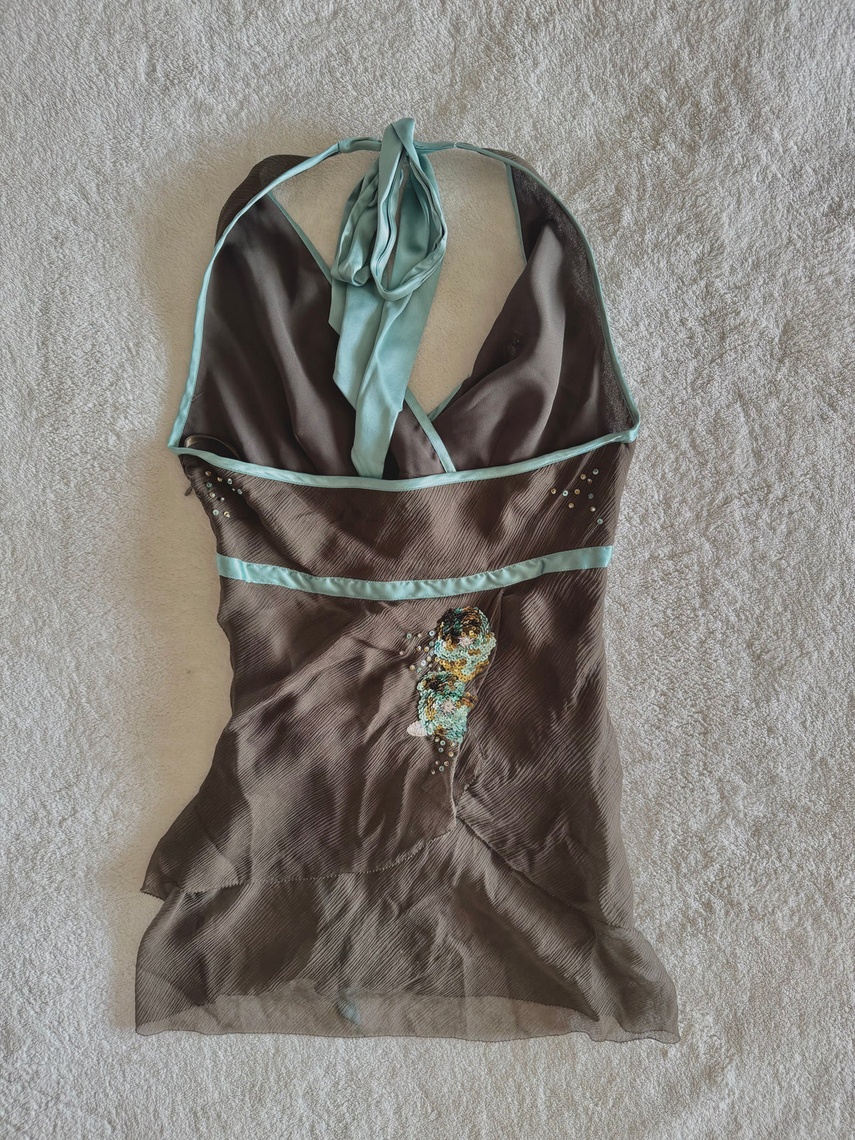 y2k vintage brown, turquoise silk asymmetric layered fairy halter cami top with sequins