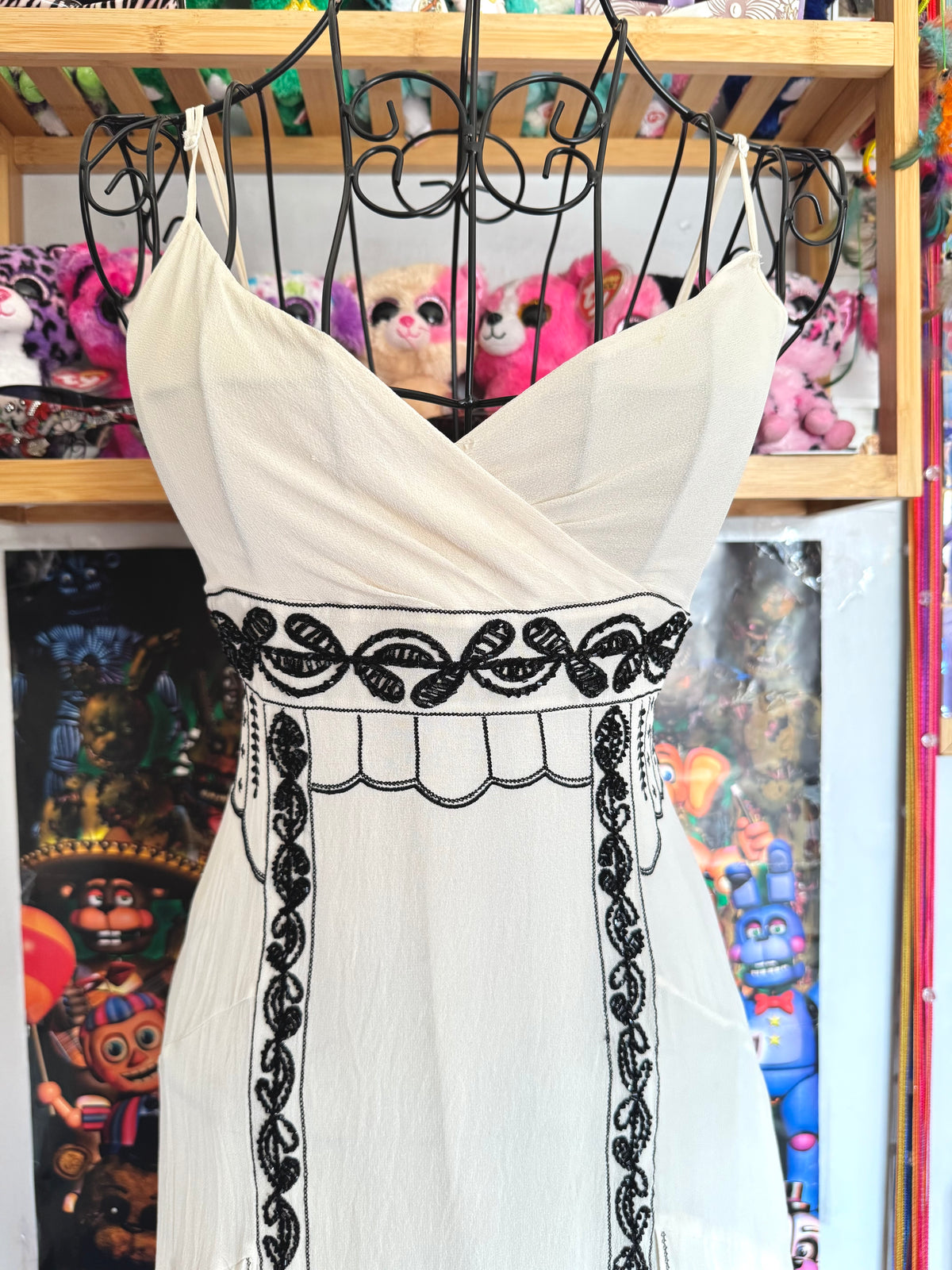 y2k vintage silk off white and black beaded midi dress with bulky layered hem fairycore
