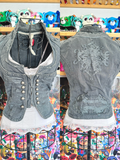 y2k vintage blueish grey denim distressed military inspired hook up waistcoat steampunk