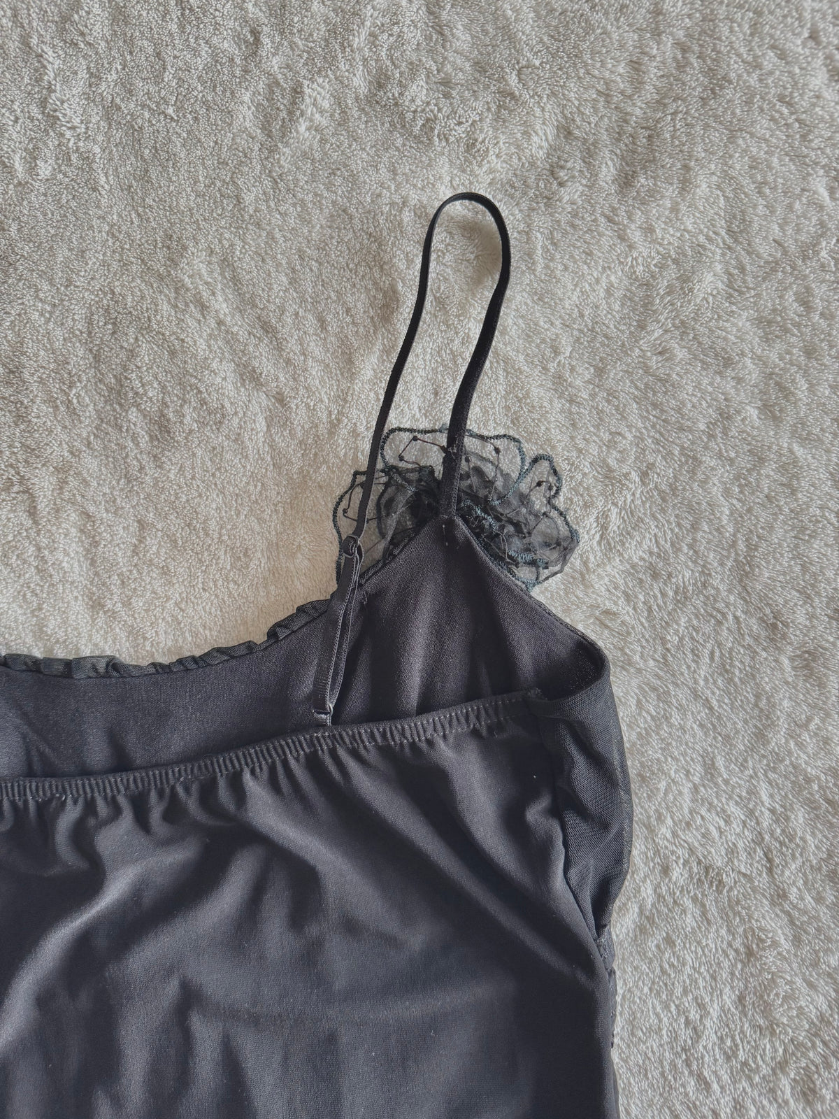 y2k vintage black mesh fitted cami top with ruffle hem and ruched milkmaid bust gothic