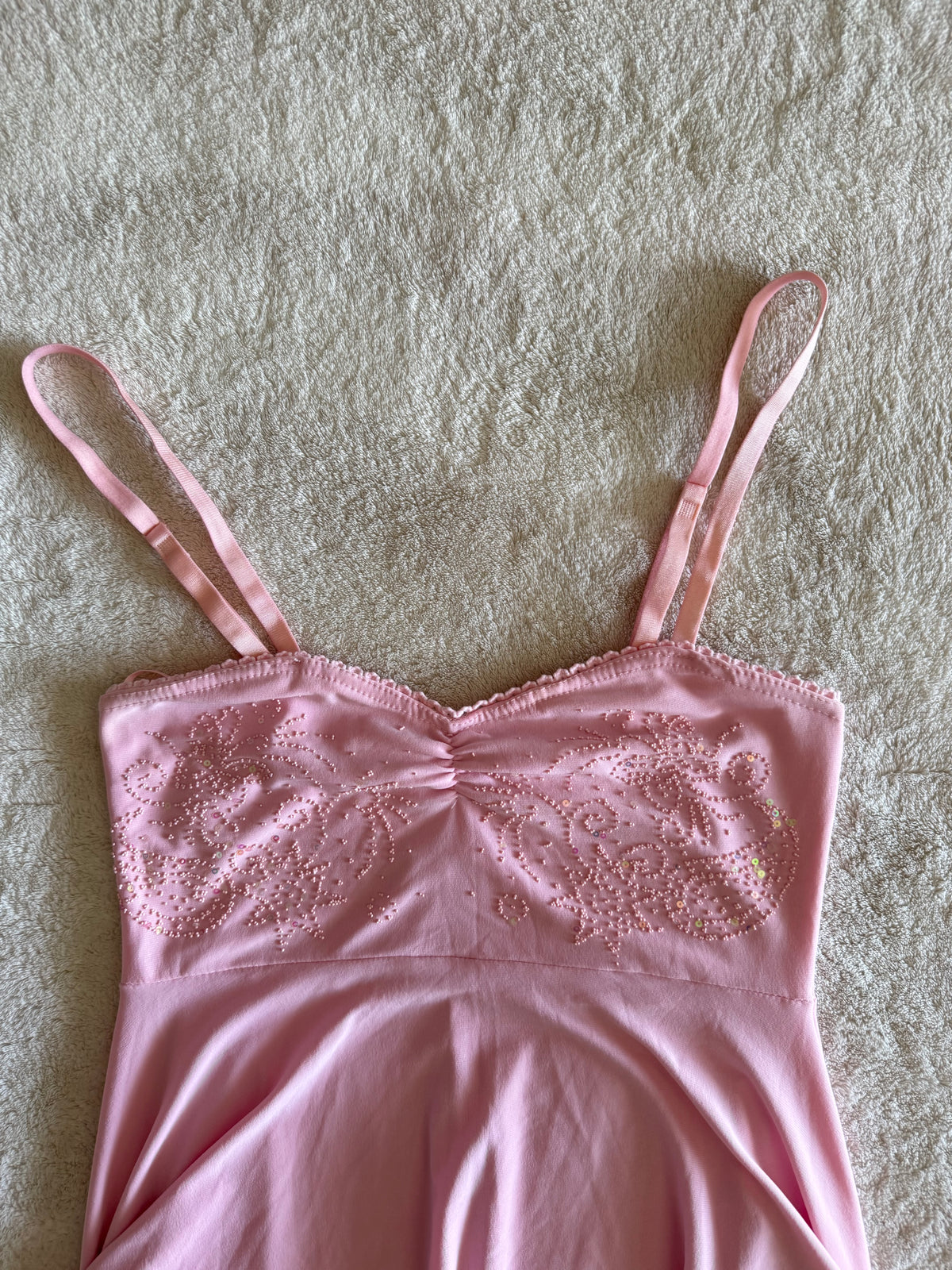 y2k vintage baby pink asymmetrical fairy hem ruched beaded cami top