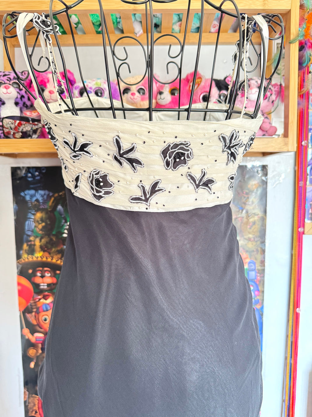 y2k vintage silk black and cream formal evening maxi dress with criss cross straps and beading