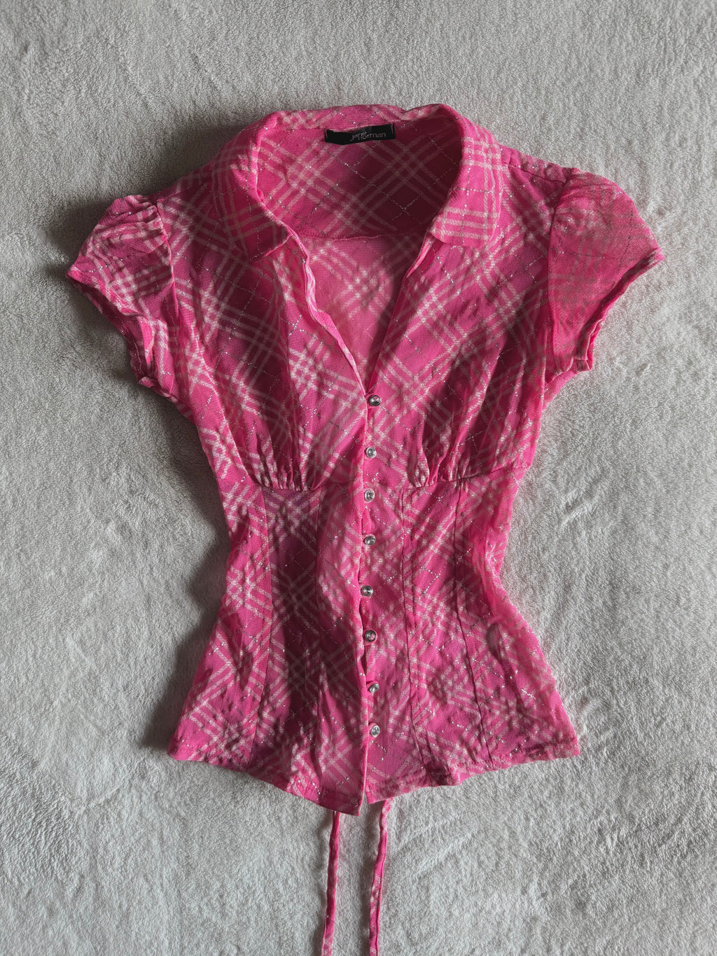 y2k vintage rare hot pink plaid glittery button up sheer blouse with lace up back mcbling