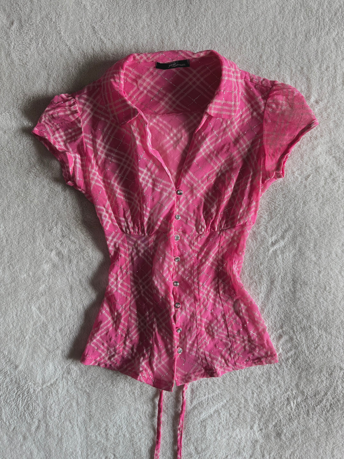 y2k vintage rare hot pink plaid glittery button up sheer blouse with lace up back mcbling