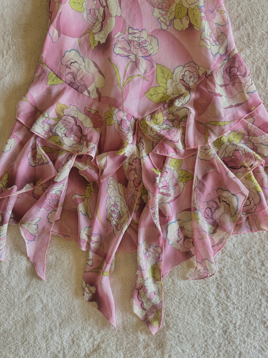 y2k vintage pink floral ruffled asymmetrical hem midi dress