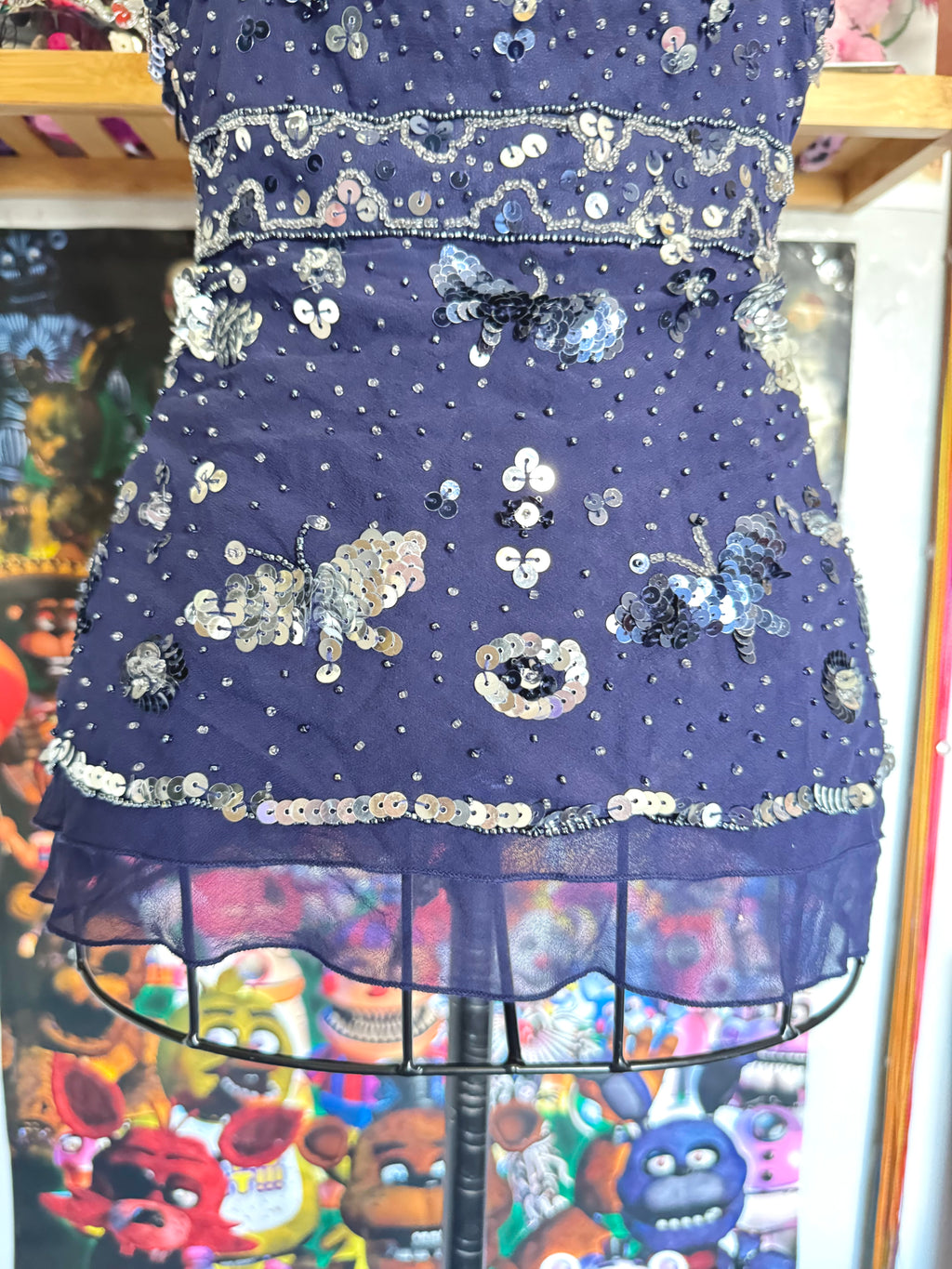y2k vintage silk royal blue crisscross back fitted slightly cropped cami with butterfly sequins