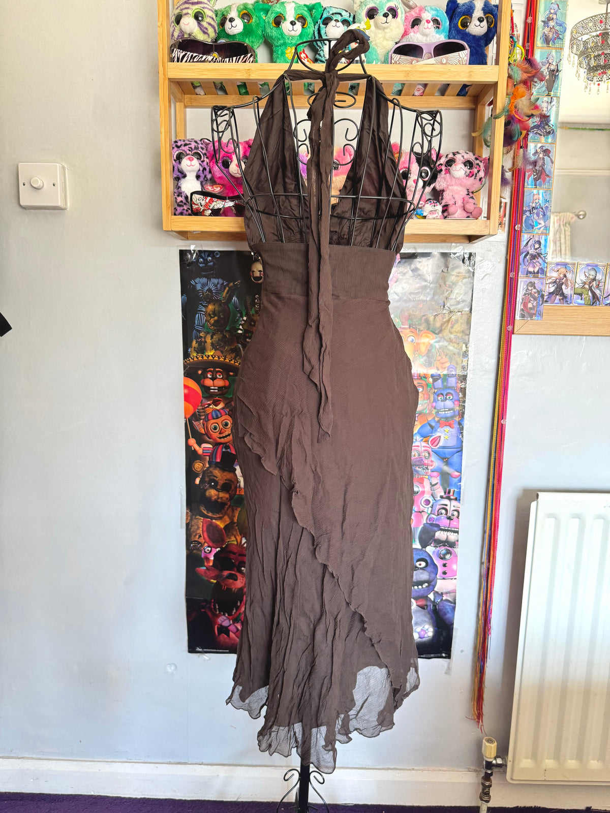 y2k vintage silk chocolate brown fitted asymmetrical fairy hem halterneck midi dress