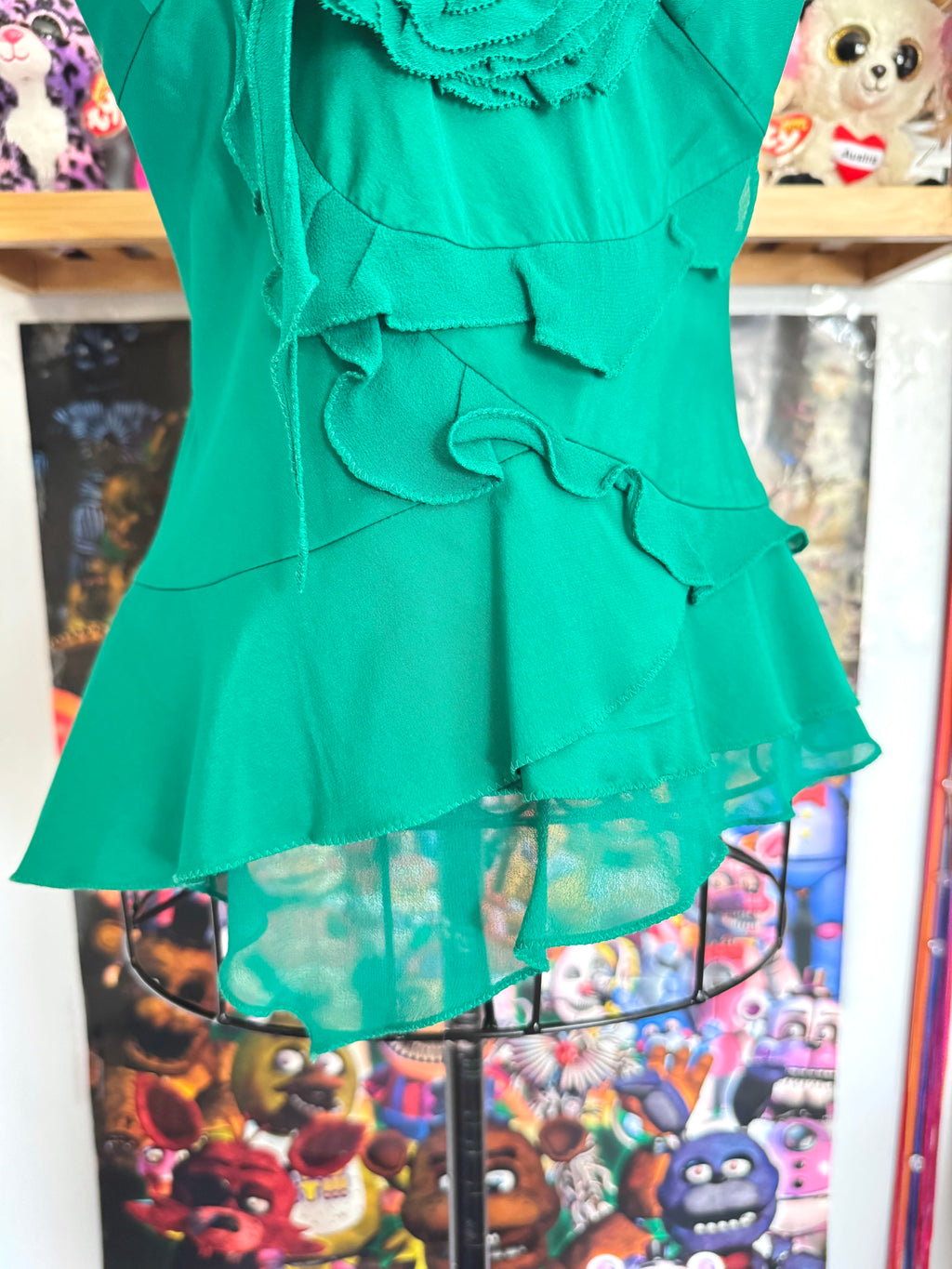 y2k vintage silk emerald green floral layered asymmetrical hem cami top