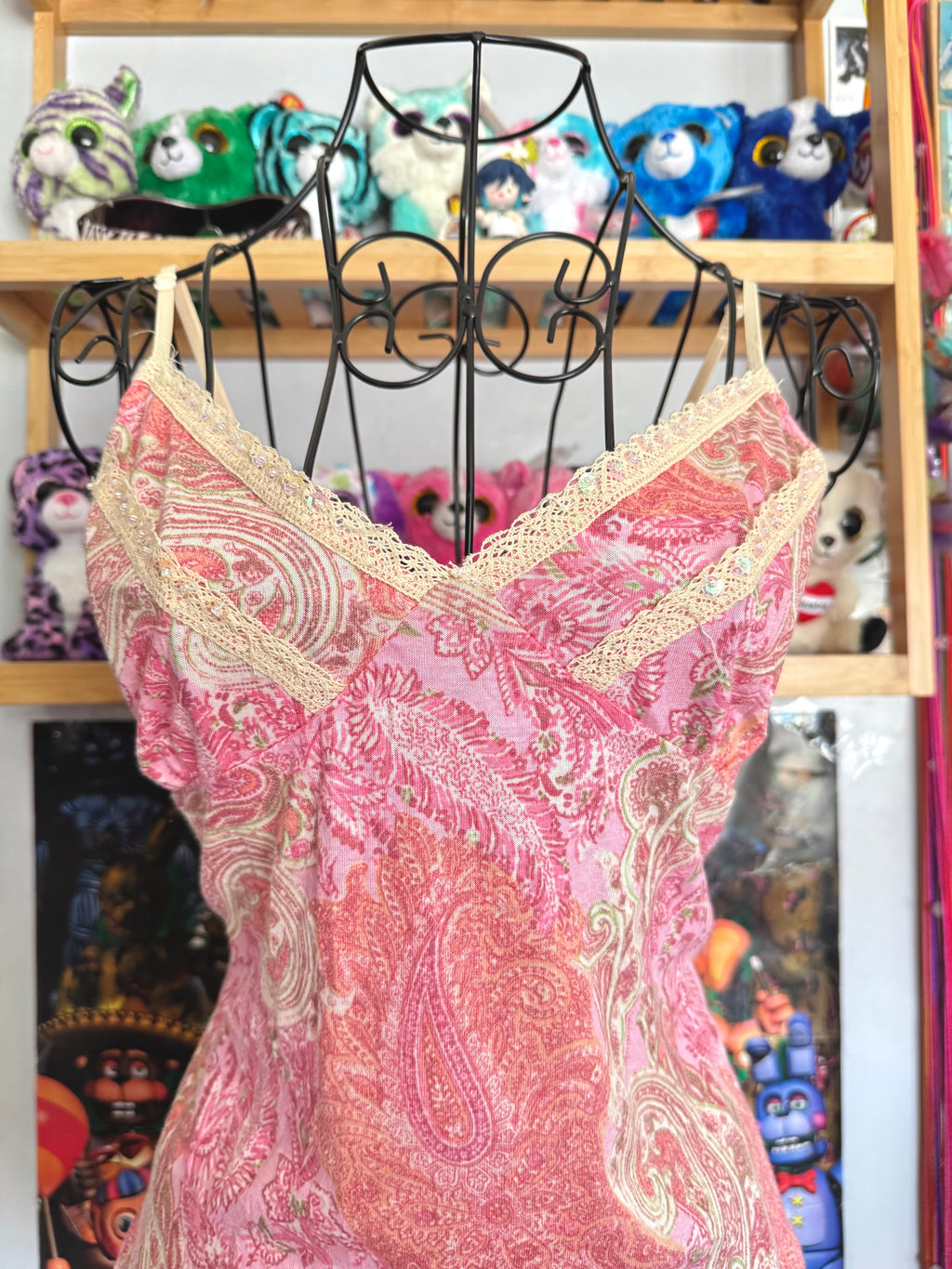 y2k vintage paisley print pink fitted cami top with sequins and lace trimmings