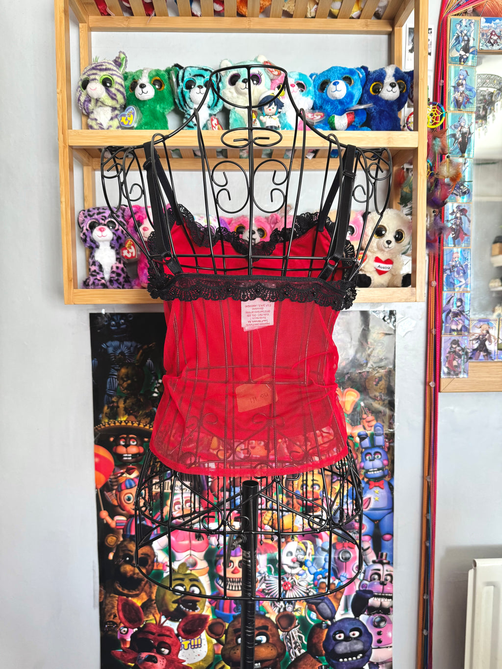 y2k vintage red fitted mesh cami top with black dangle beading and sequin embroidery