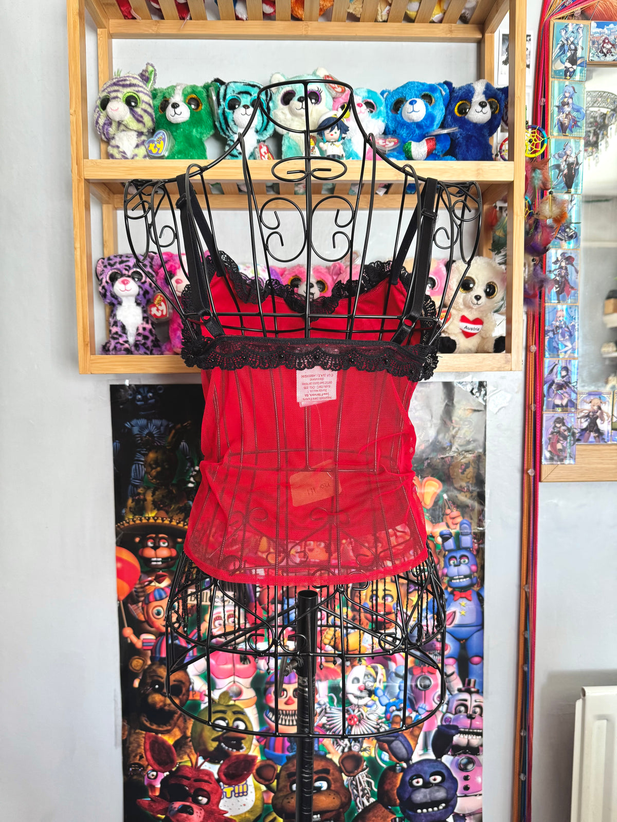 y2k vintage red fitted mesh cami top with black dangle beading and sequin embroidery