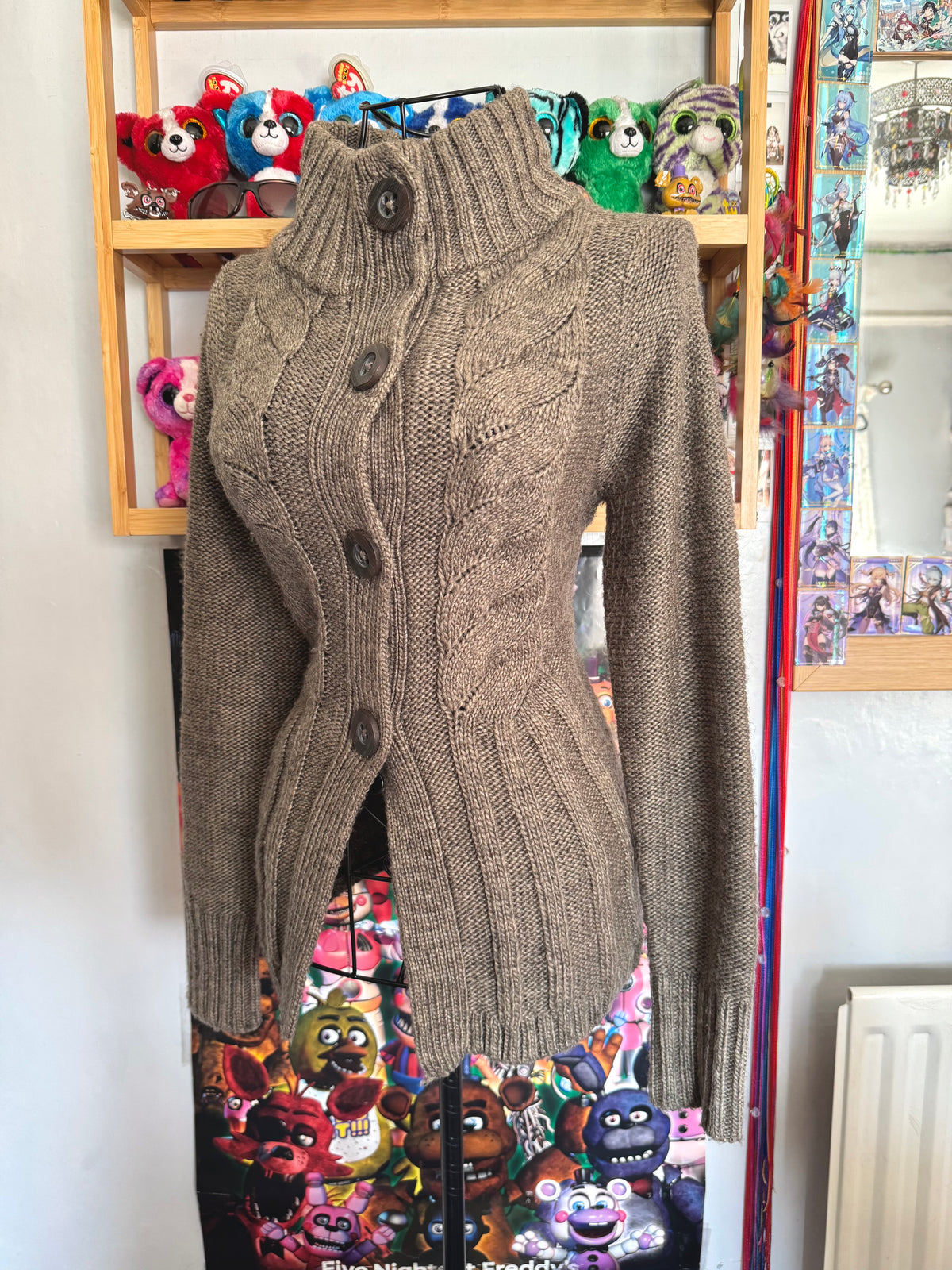 y2k vintage grey brown babydoll chunky knitted button up cardigan