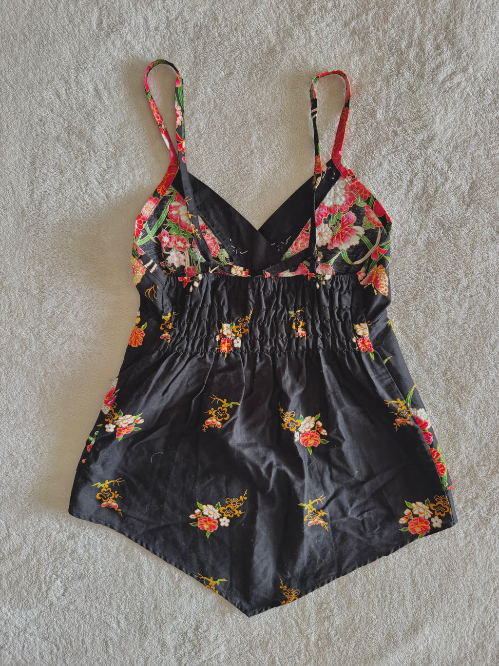 y2k vintage black and multi floral beaded fitted cami top