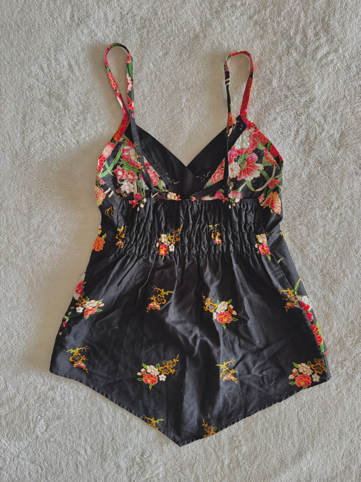 y2k vintage black and multi floral beaded fitted cami top