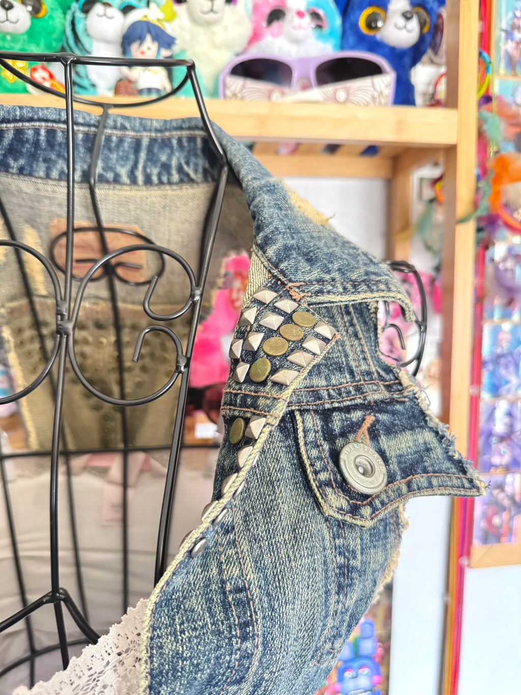 y2k vintage medium wash denim sleeveless waistcoat with studs and punk details