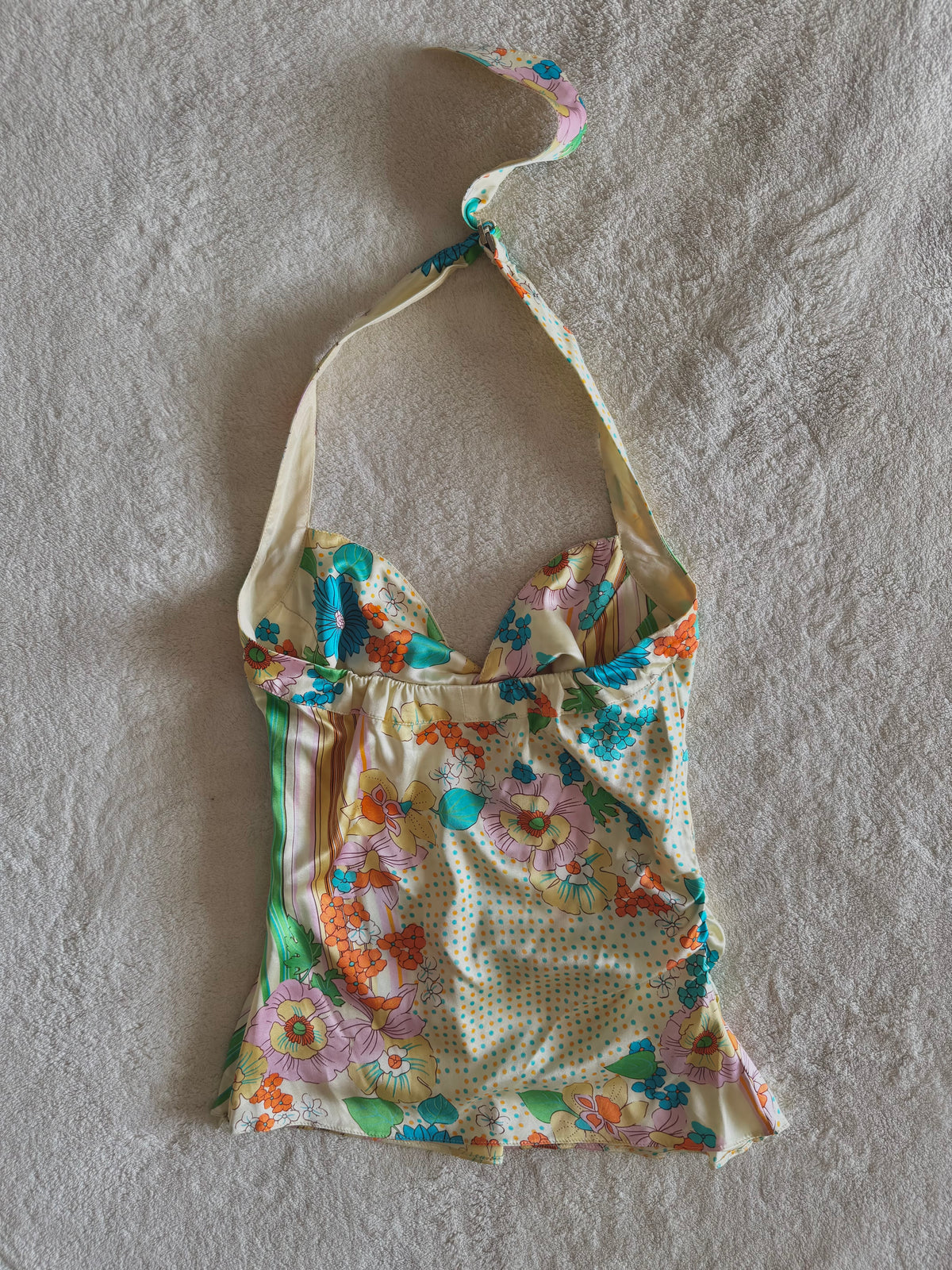 y2k vintage fitted silk floral ruched halterneck cami top