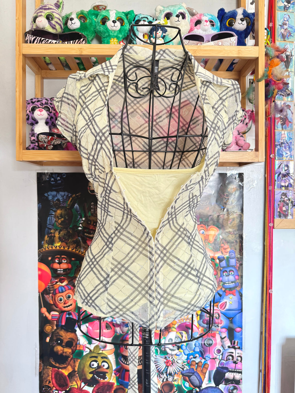 y2k vintage plaid print glittery tie back fitted blouse with built-in cami under
