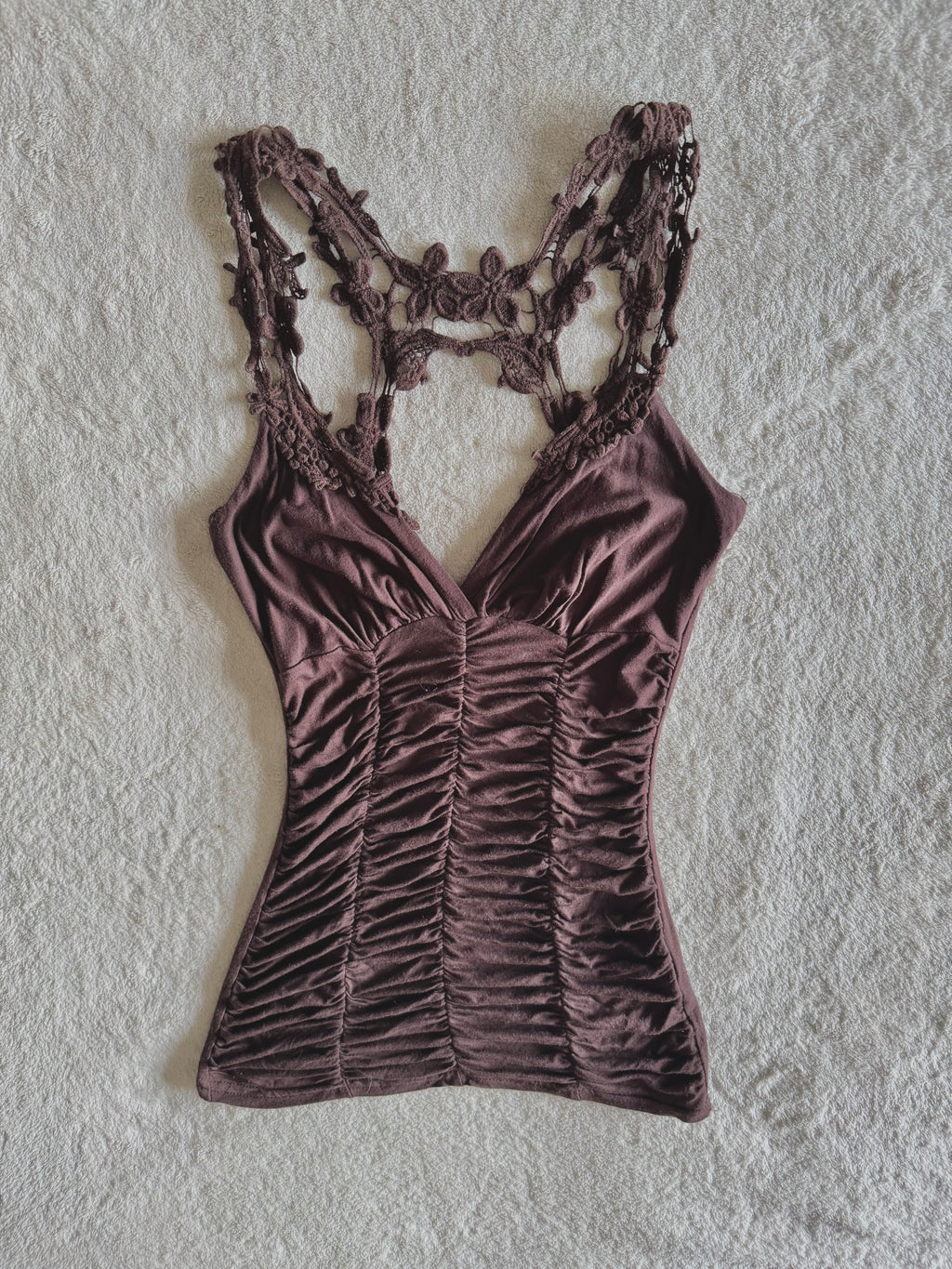 y2k vintage chocolate brown ruched fitted lace back cami top