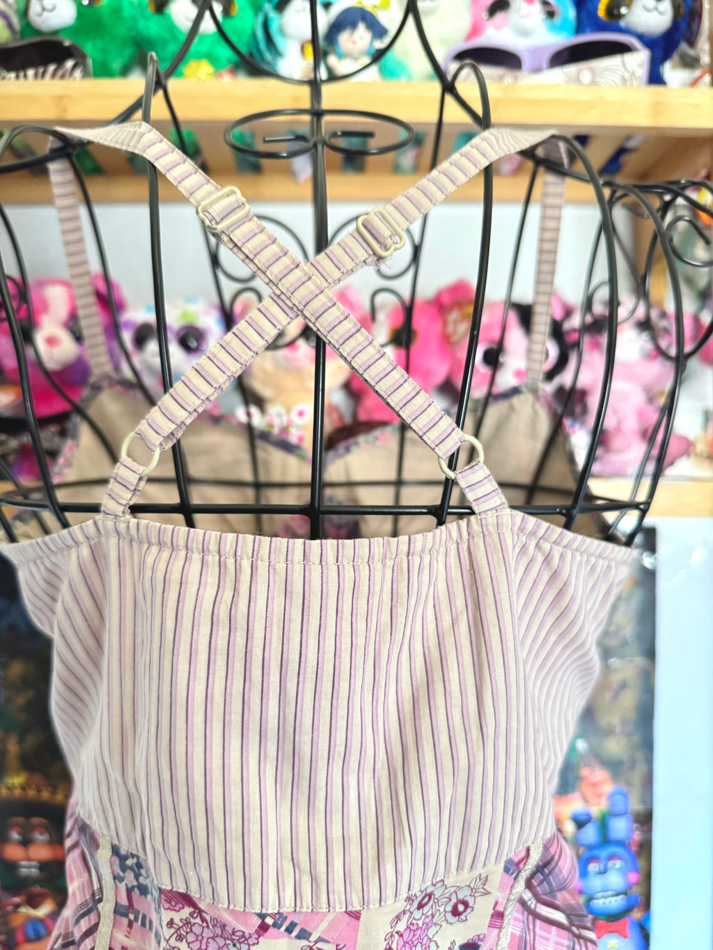 y2k vintage patchwork style criss-cross strap mixed print fitted cami top