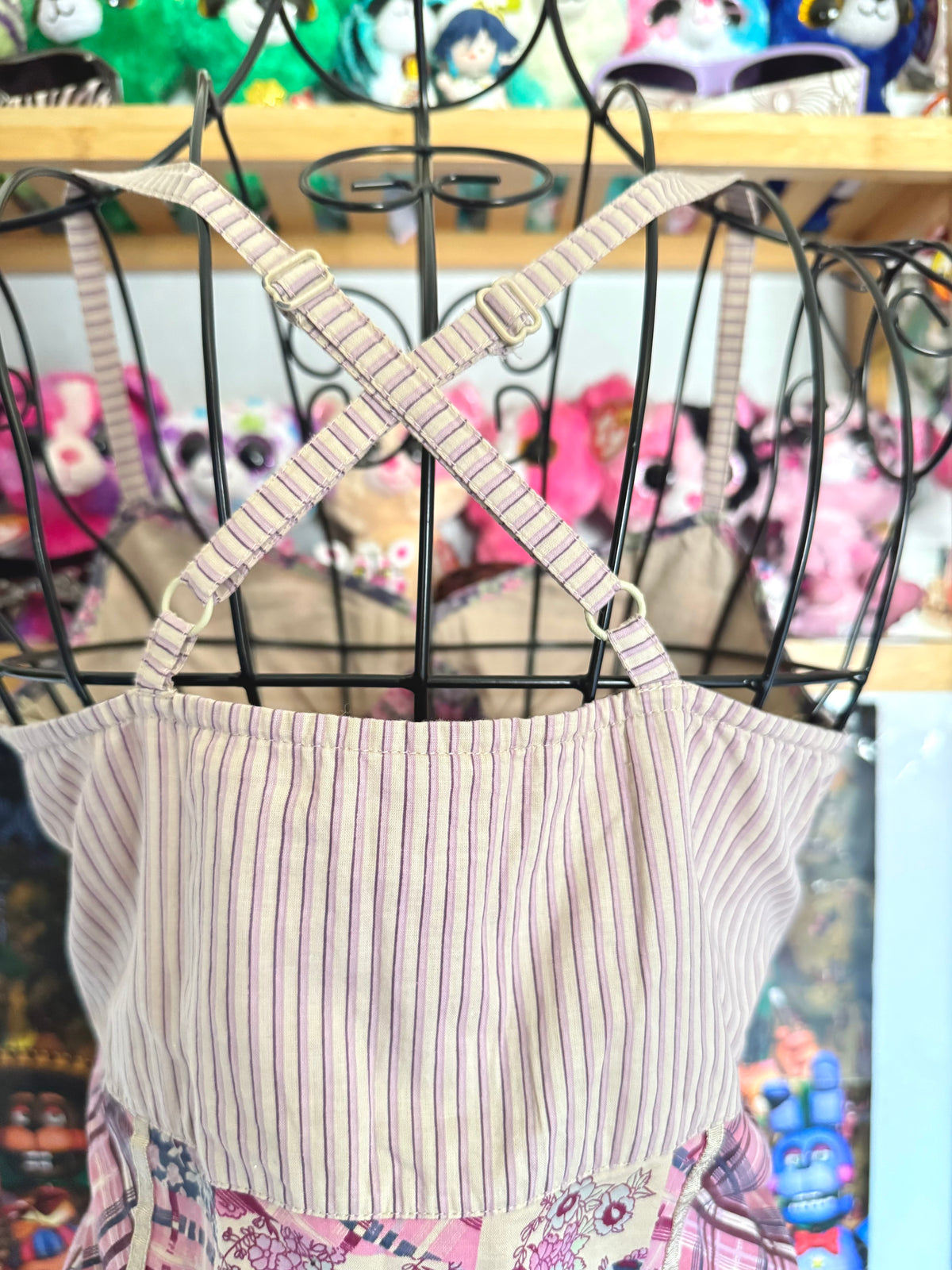 y2k vintage patchwork style criss-cross strap mixed print fitted cami top