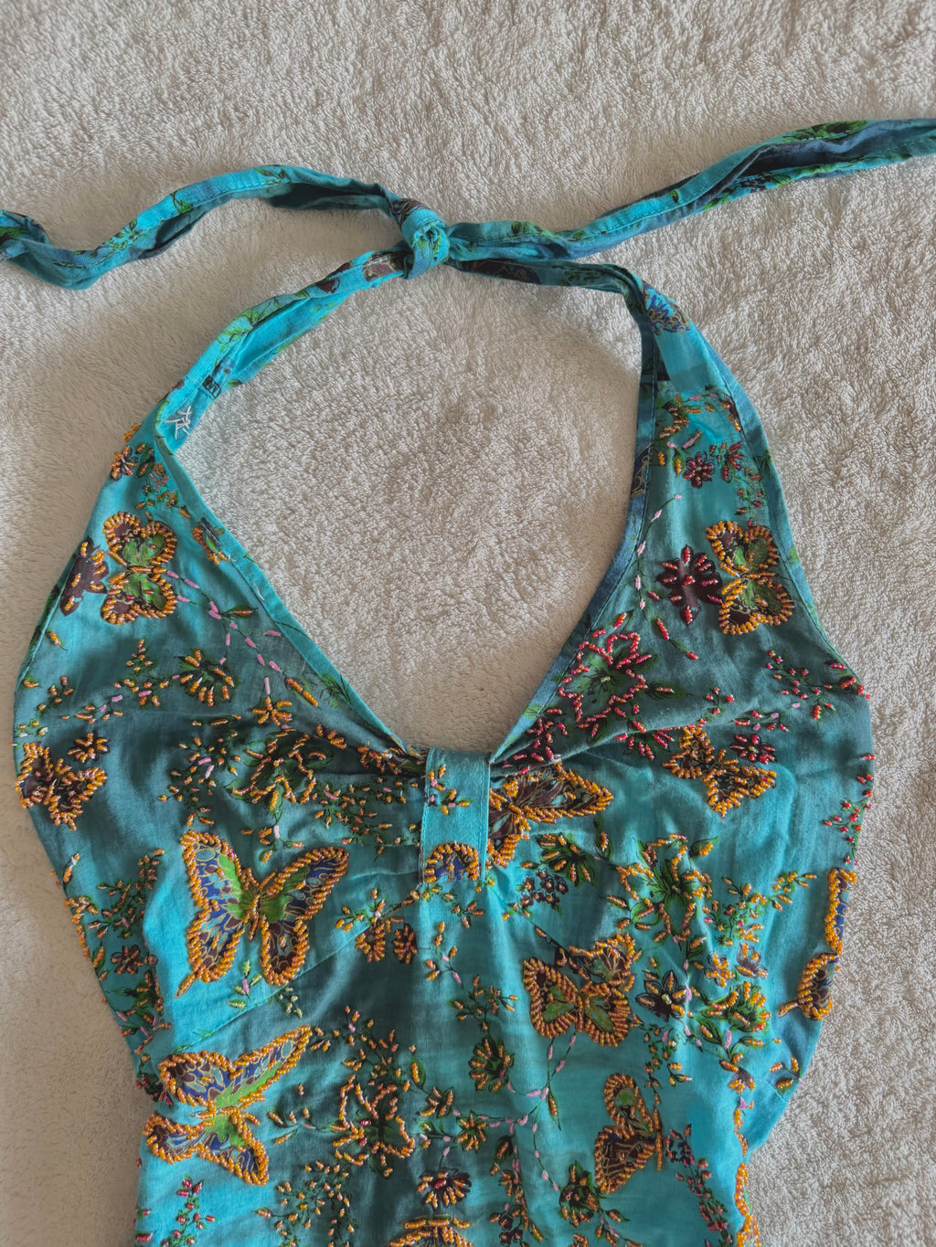 y2k vintage aqua and teal blue fitted beaded butterfly halterneck cami top