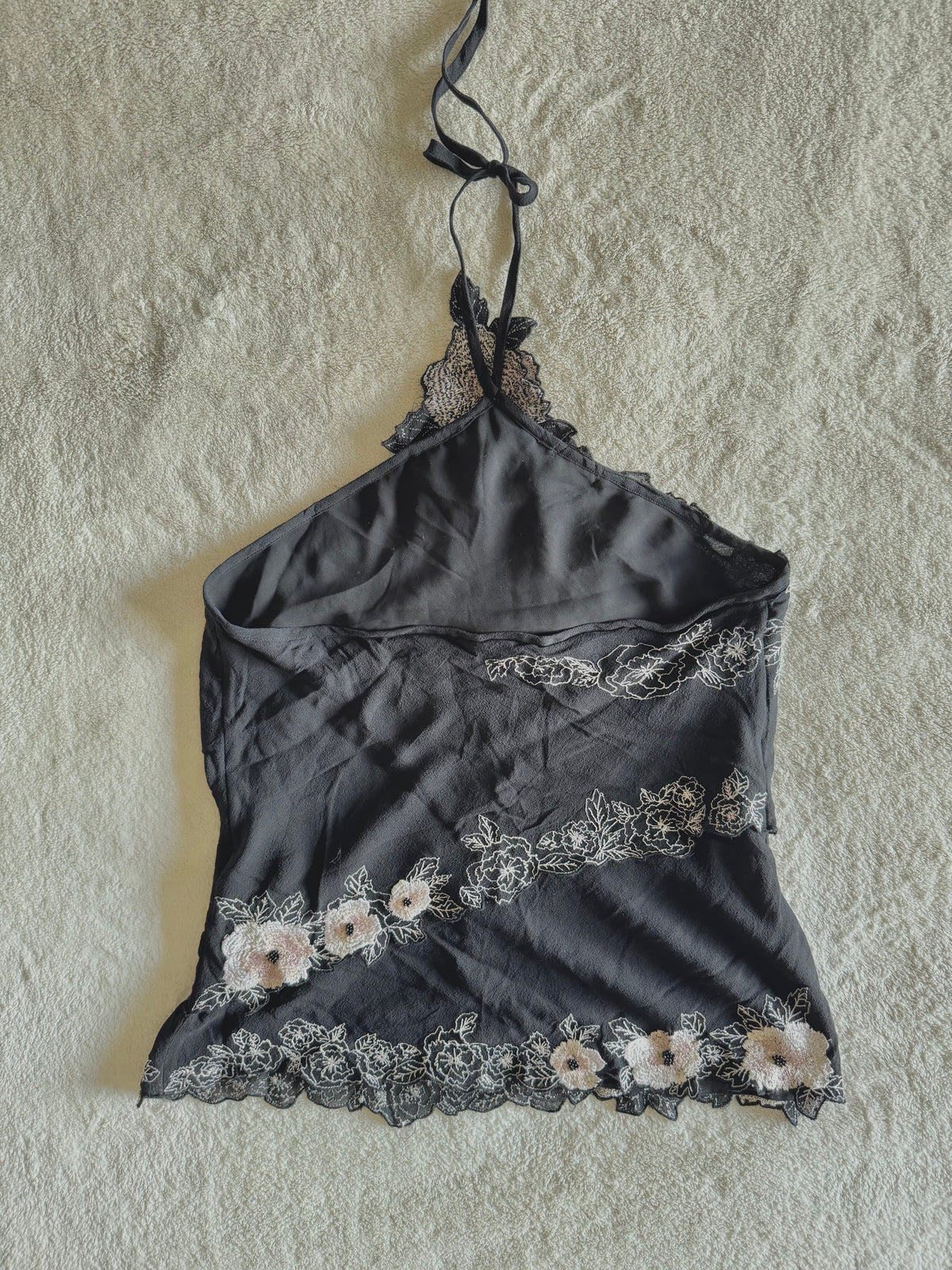 y2k vintage silk black floral embroidered halterneck cami top