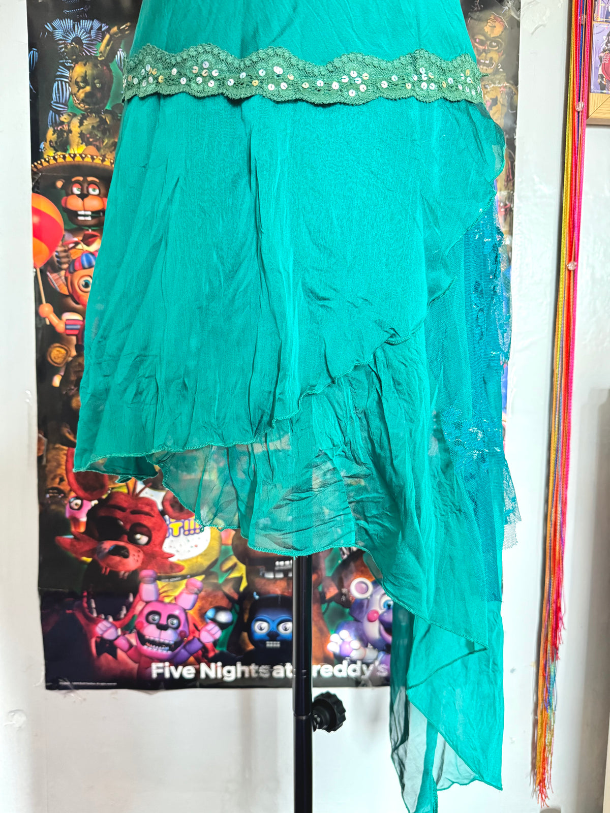 y2k vintage asymmetrical fairycore midi dress with sequins, lace panels and earthy tone
