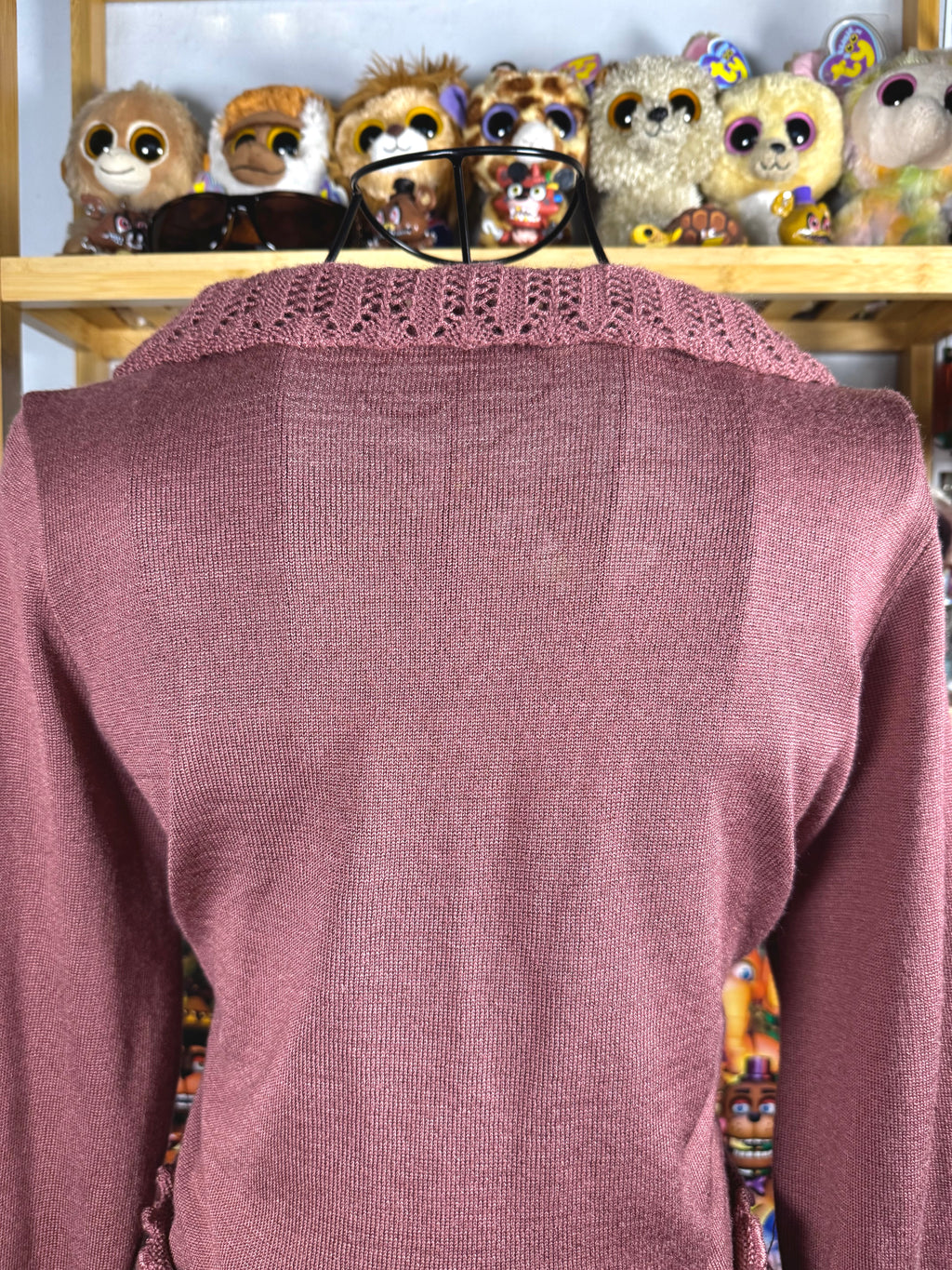 y2k vintage dusty pink fitted cropped tie front flared sleeve cardigan