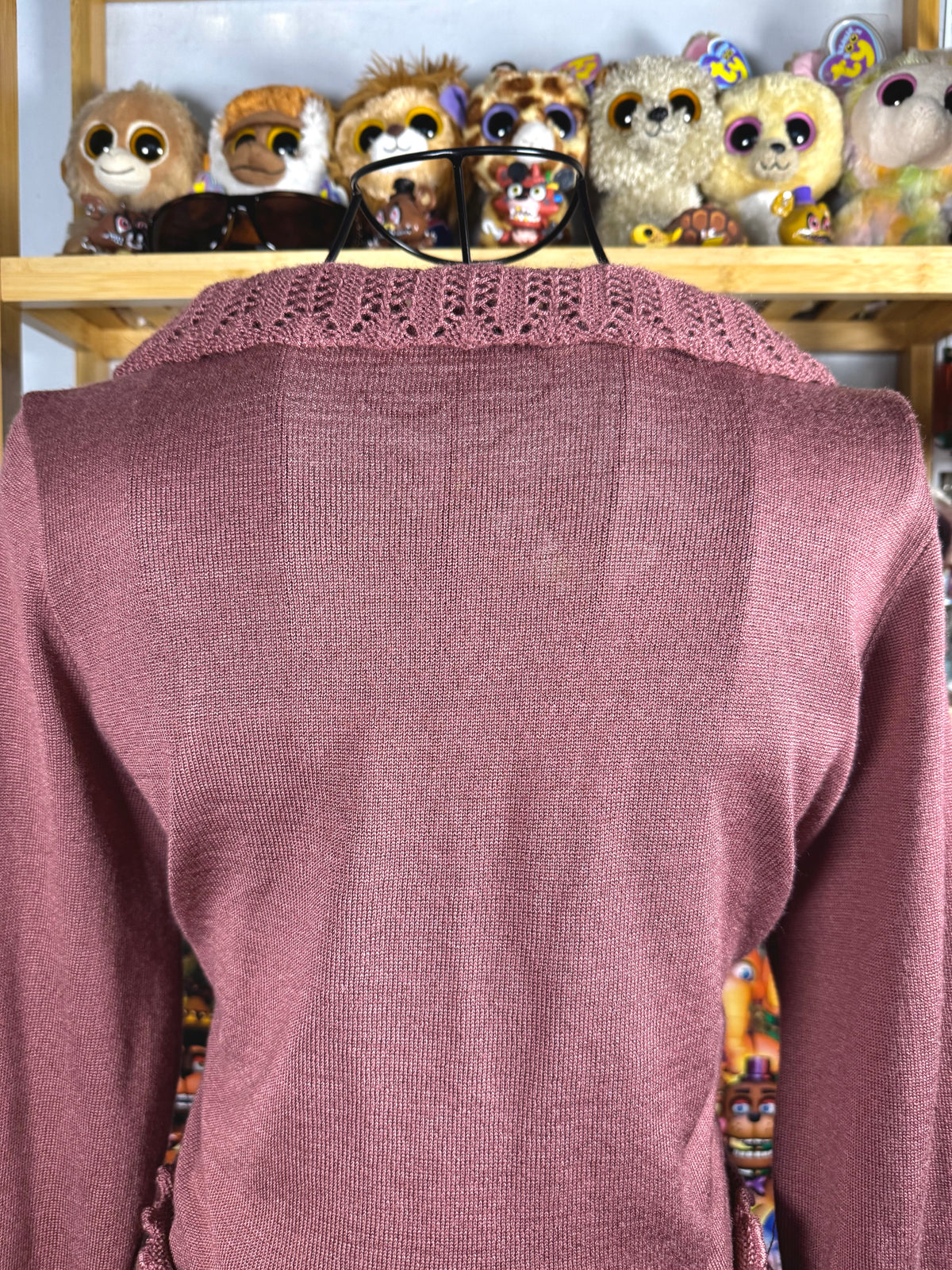 y2k vintage dusty pink fitted cropped tie front flared sleeve cardigan