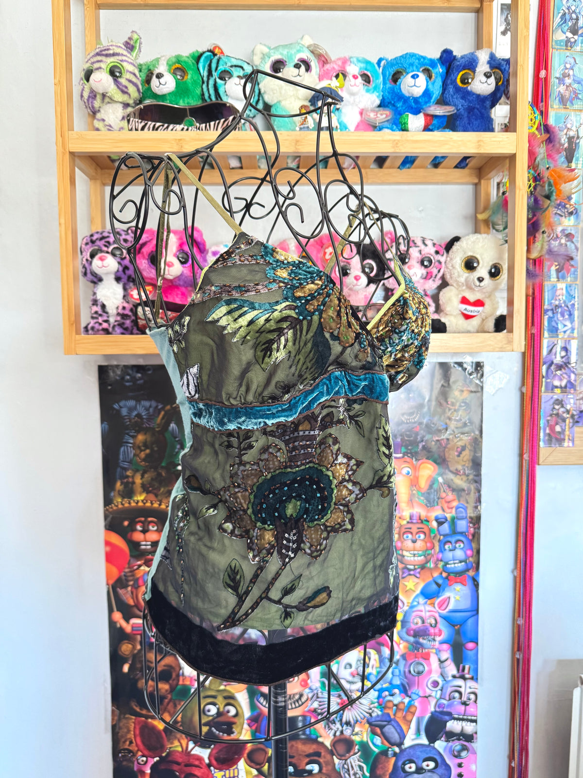 y2k vintage silk forest green beaded velvet camisole top earthy fairy
