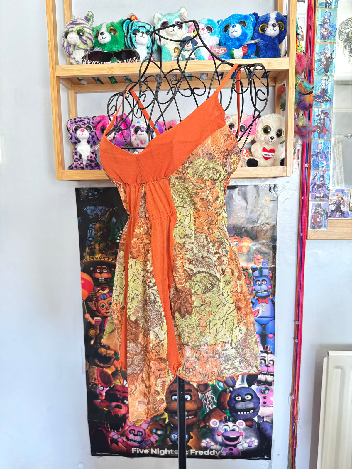 y2k vintage mesh ruffled orange and green floral autumnal cami top