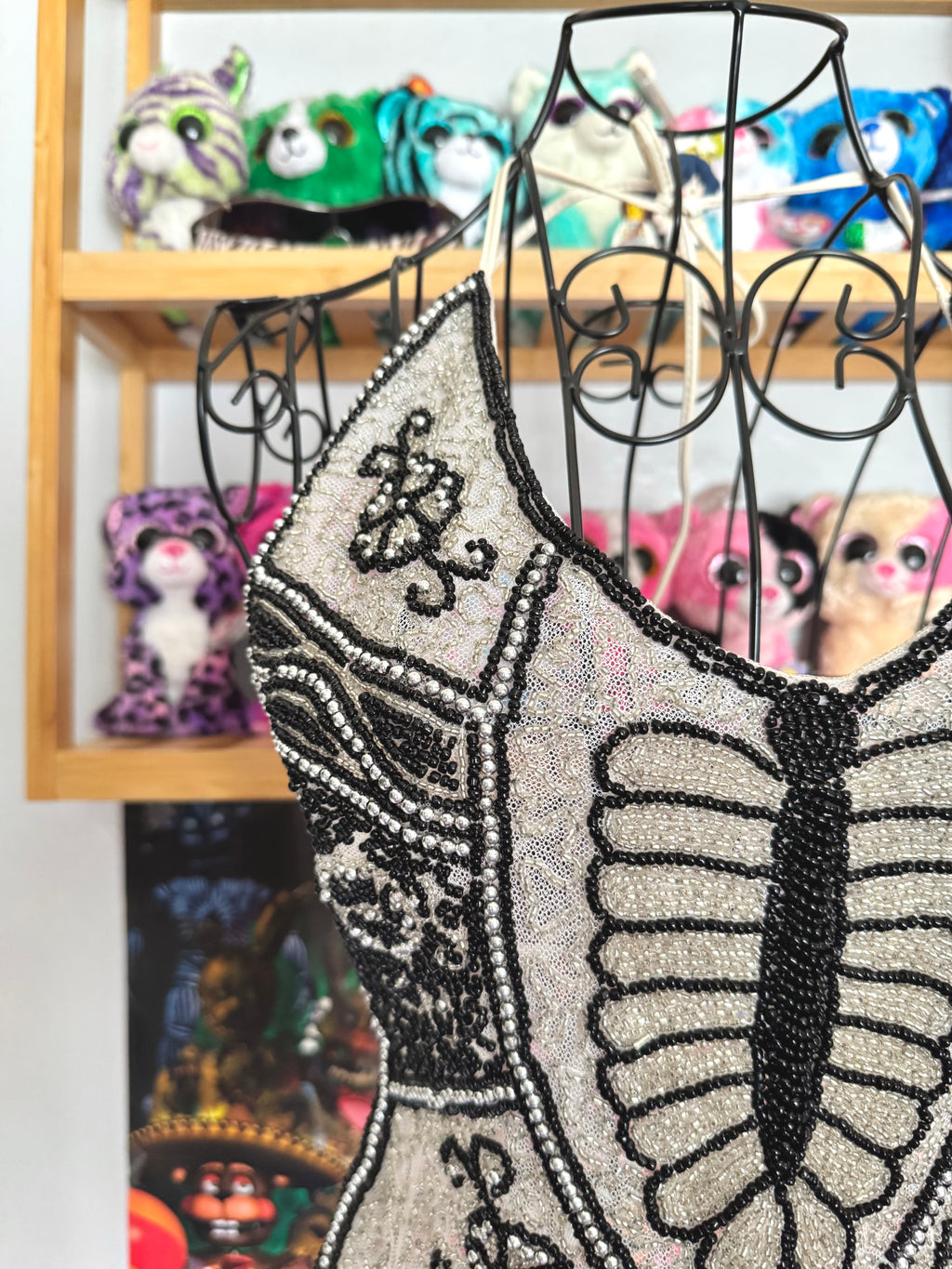 y2k vintage backless fitted fully beaded black and white halterneck butterfly top festival