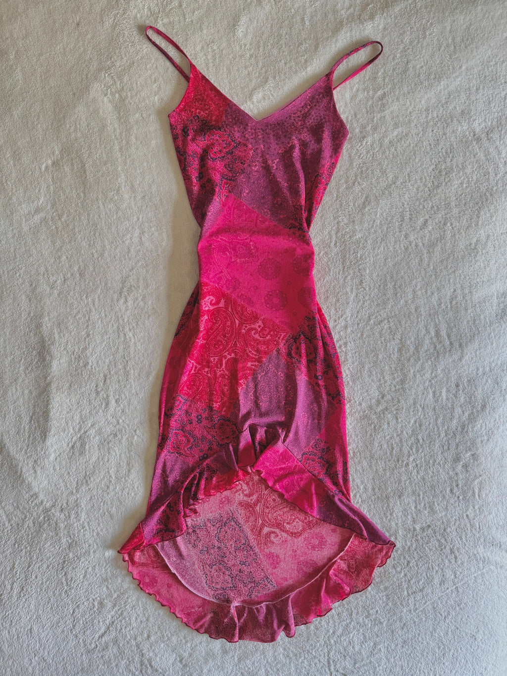 y2k vintage pink paisley print patchwork style midaxi length mesh dress