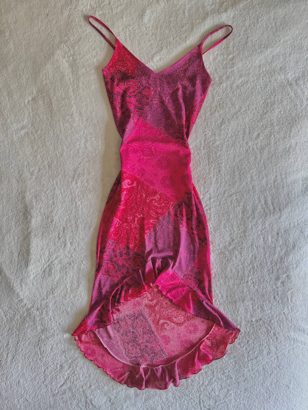 y2k vintage pink paisley print patchwork style midaxi length mesh dress