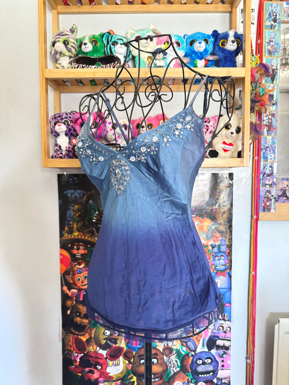 y2k vintage blue ombre effect fitted cami top with jewel embellishments ocean mermaid