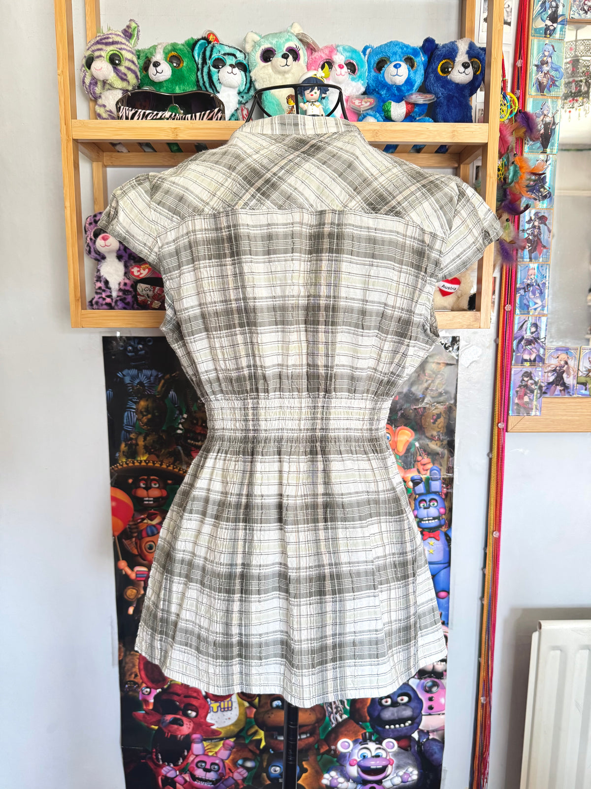 y2k vintage checkered button up babydoll top with elasticated waist and cap sleeves