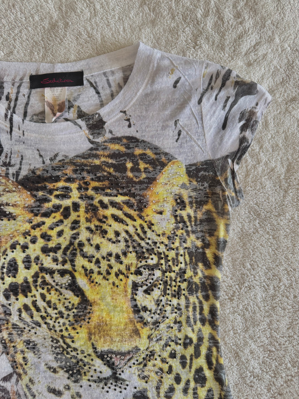 y2k vintage graphic leopard print sheer fitted tee affliction