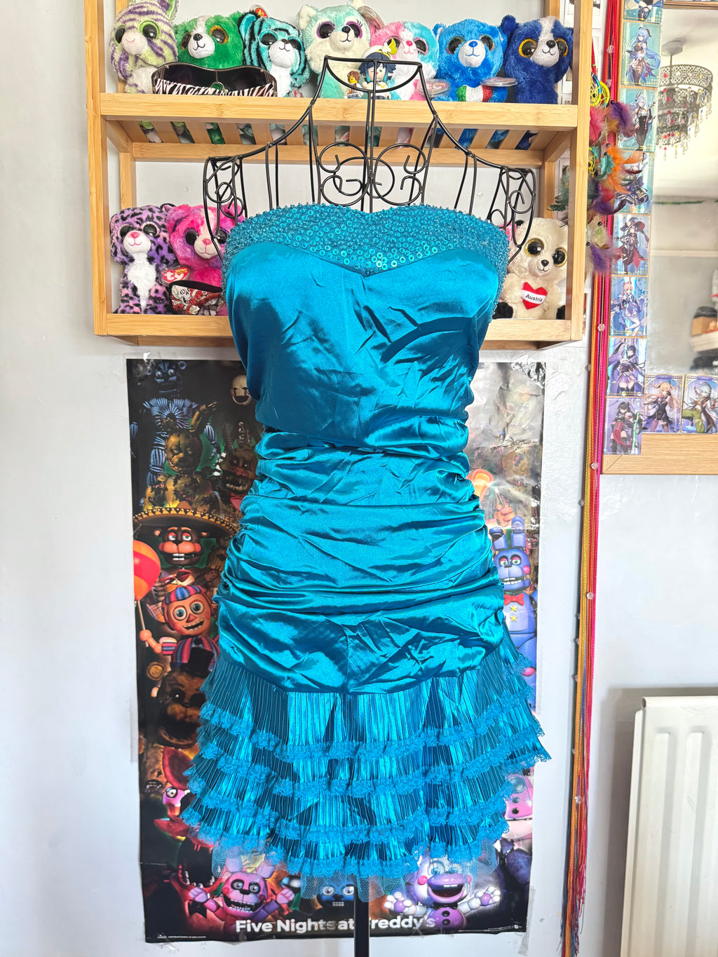 y2k vintage bnwt deadstock satin blue ruched strapless mini dress
