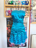y2k vintage bnwt deadstock satin blue ruched strapless mini dress