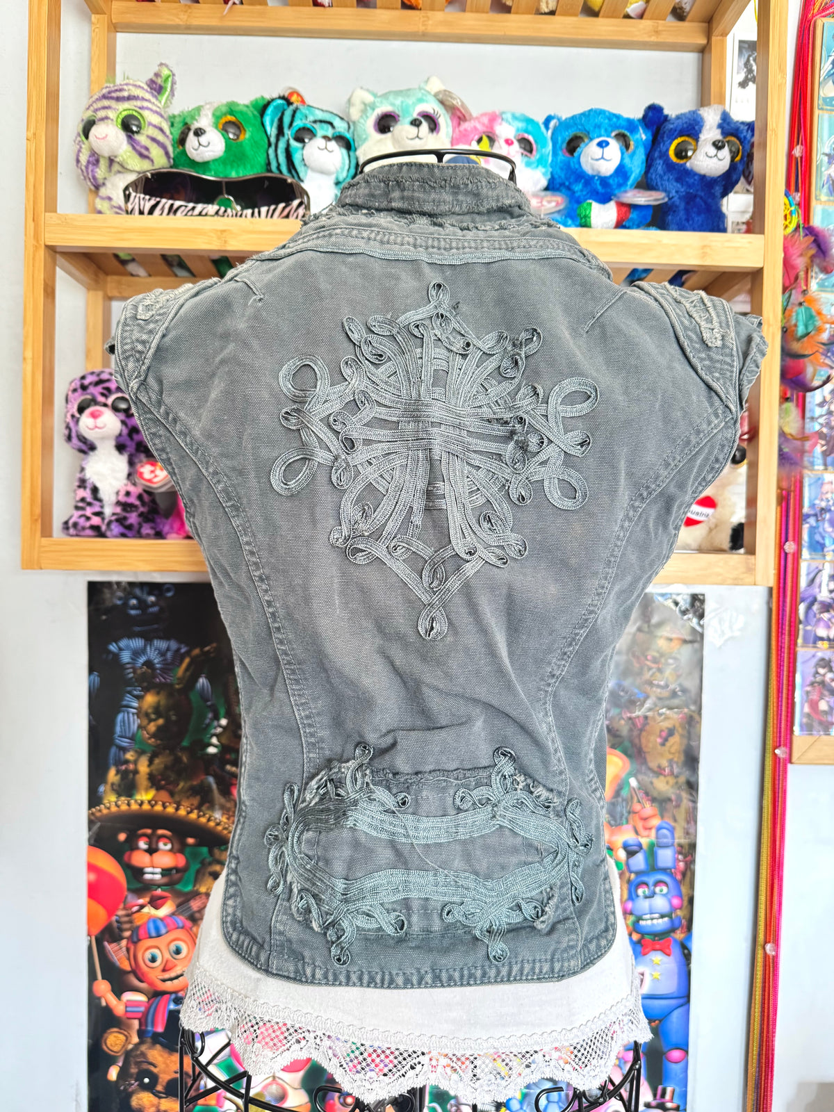 y2k vintage blueish grey denim distressed military inspired hook up waistcoat steampunk