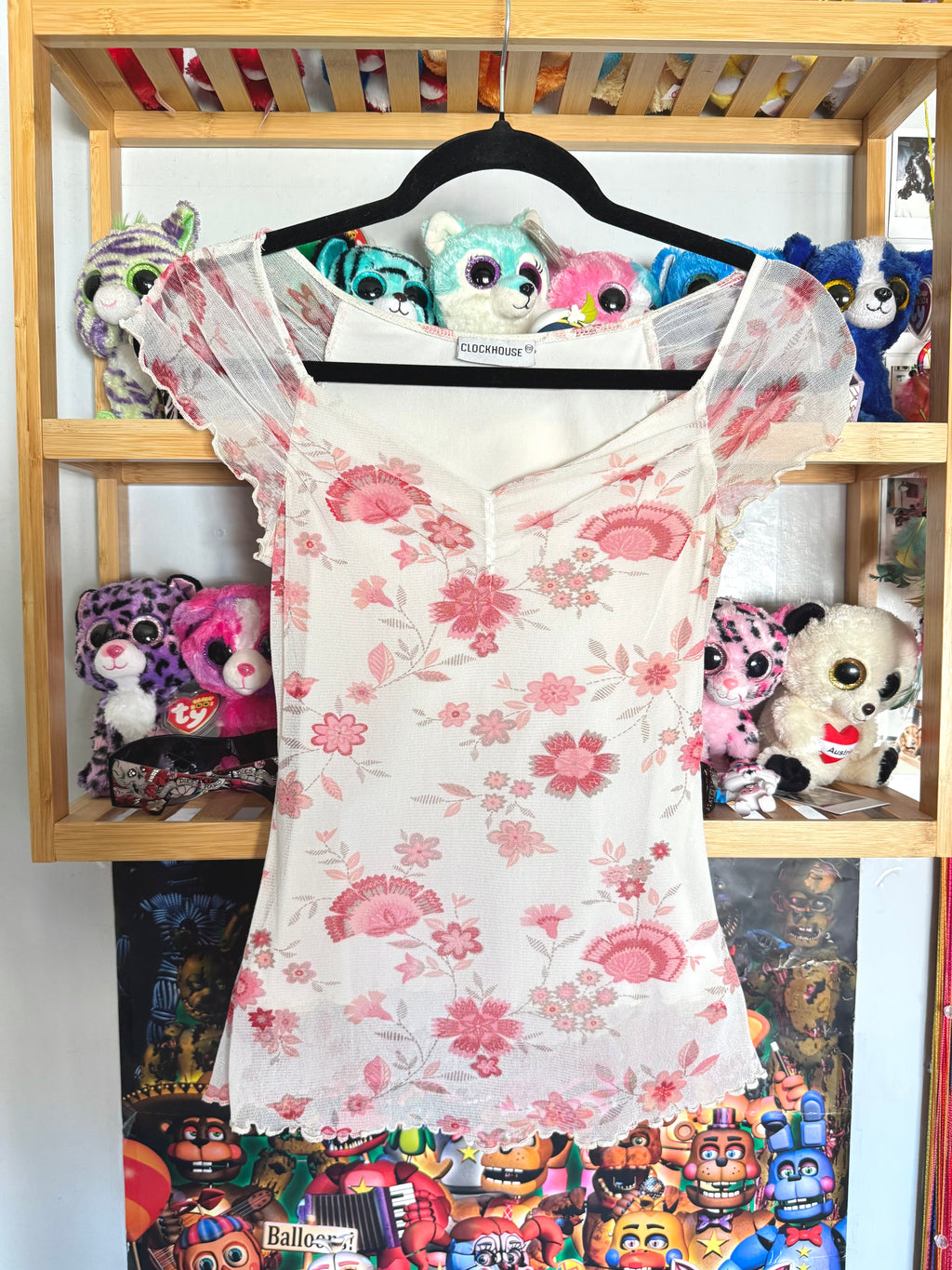 y2k vintage mesh floral print milkmaid style top with lettuce hem coquette