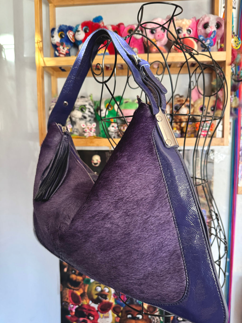 y2k pony hair violet purple slouchy boho handbag with real suede and leather