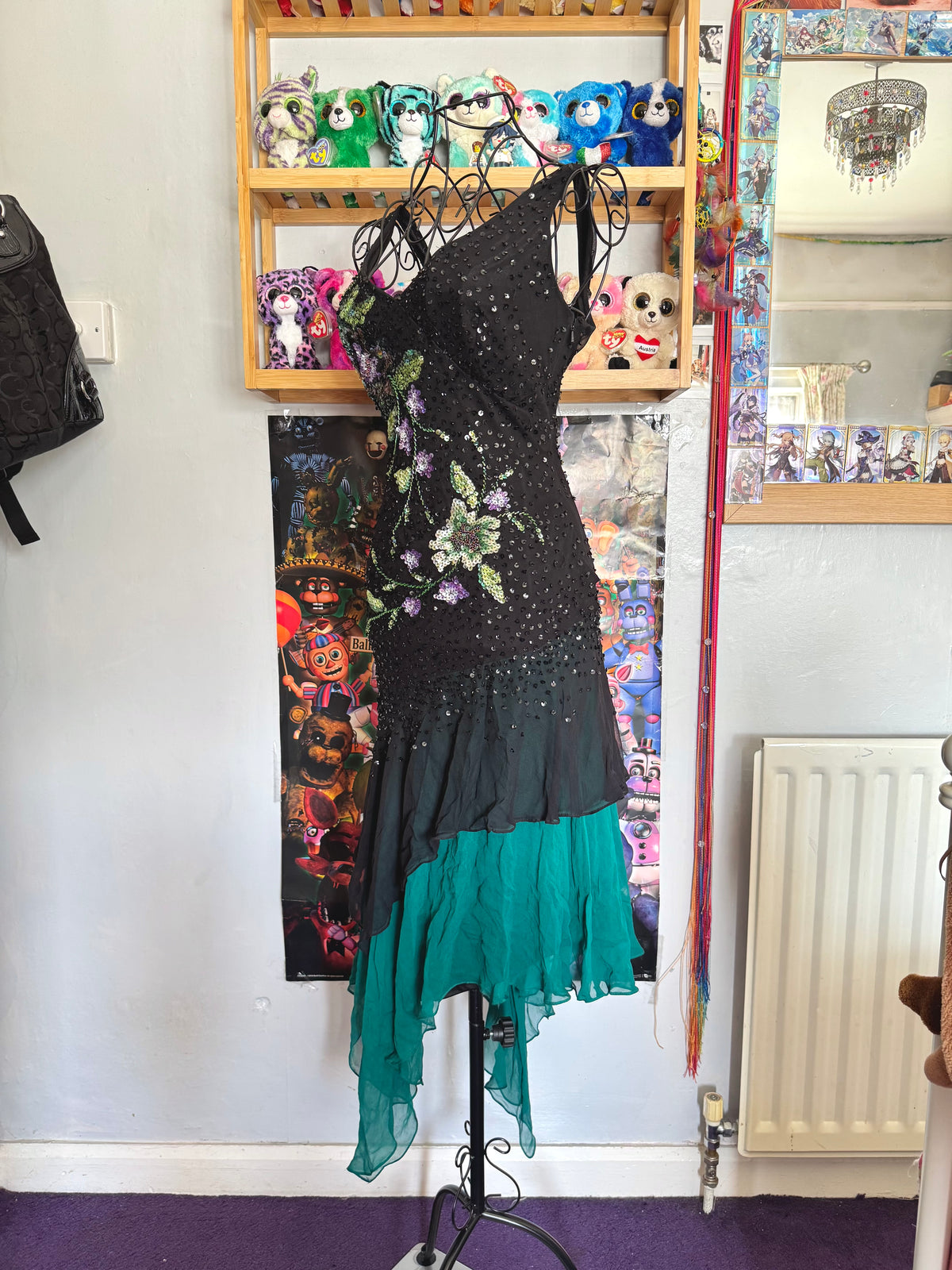 y2k vintage silk asymmetrical hem V-neck sequin embellished occasion dress
