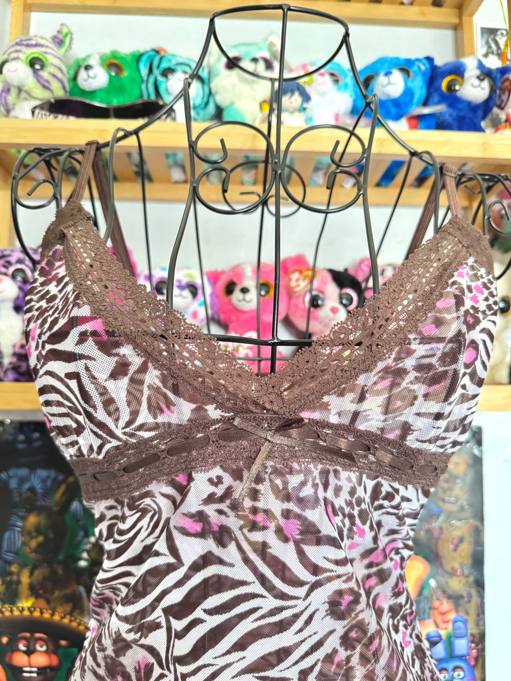 y2k vintage leopard and zebra print brown and hot pink sheer mesh cami top mcbling