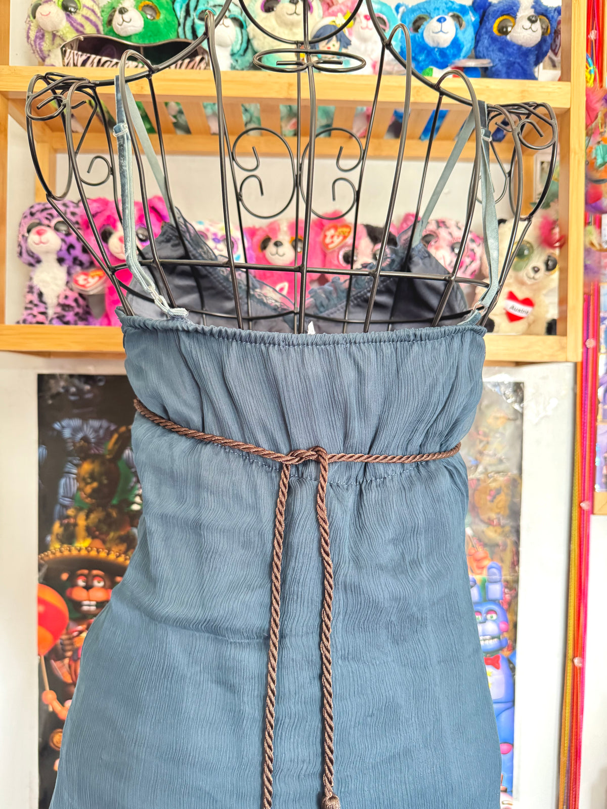 y2k vintage blue silk midi dress with asymmetrical hanky hem and coin tassels