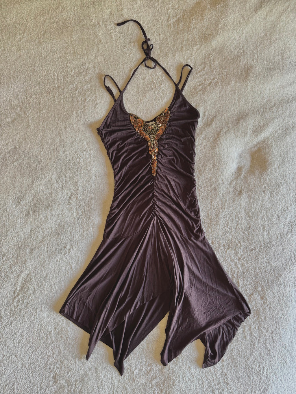 y2k vintage chocolate brown ruched asymmetrical hem midi halterneck dress with golden sequins
