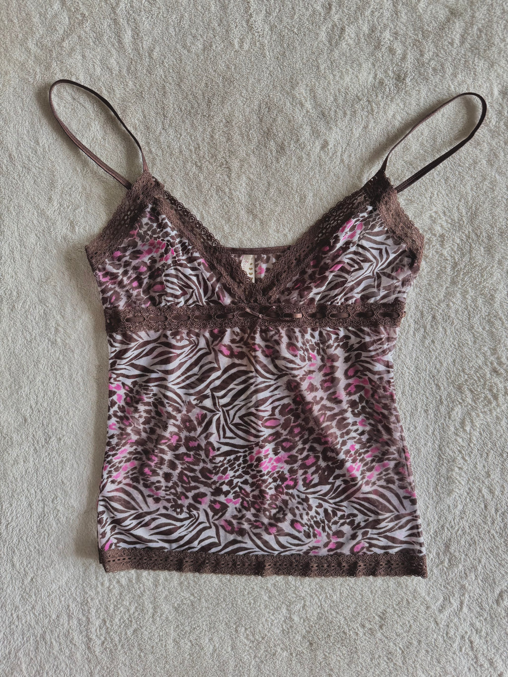 y2k vintage leopard and zebra print brown and hot pink sheer mesh cami top mcbling