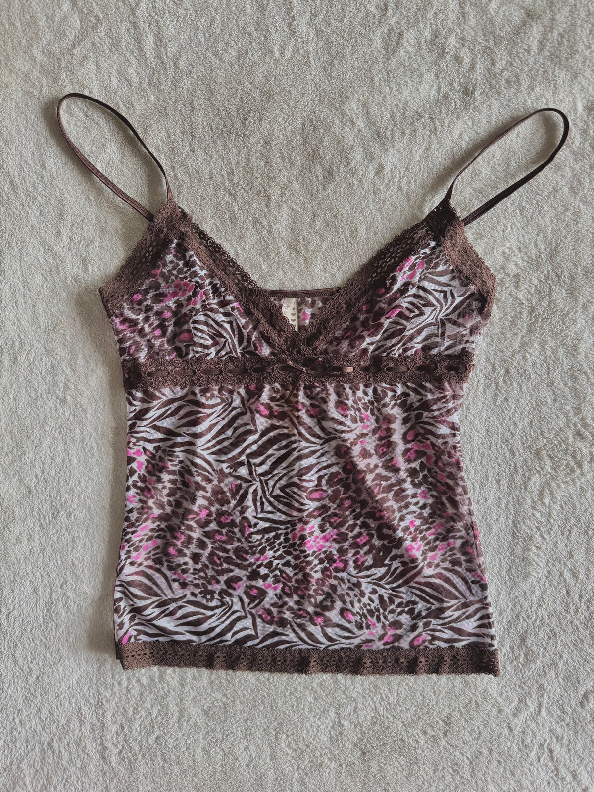 y2k vintage leopard and zebra print brown and hot pink sheer mesh cami top mcbling